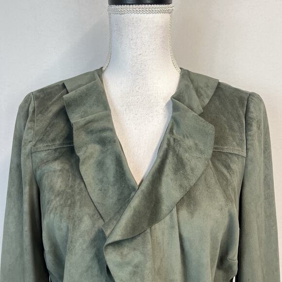 Chico's Waterfall Ruffle Open Front Blazer Jacket size 4 6/0 Olive Green Nubuck - Picture 3 of 8